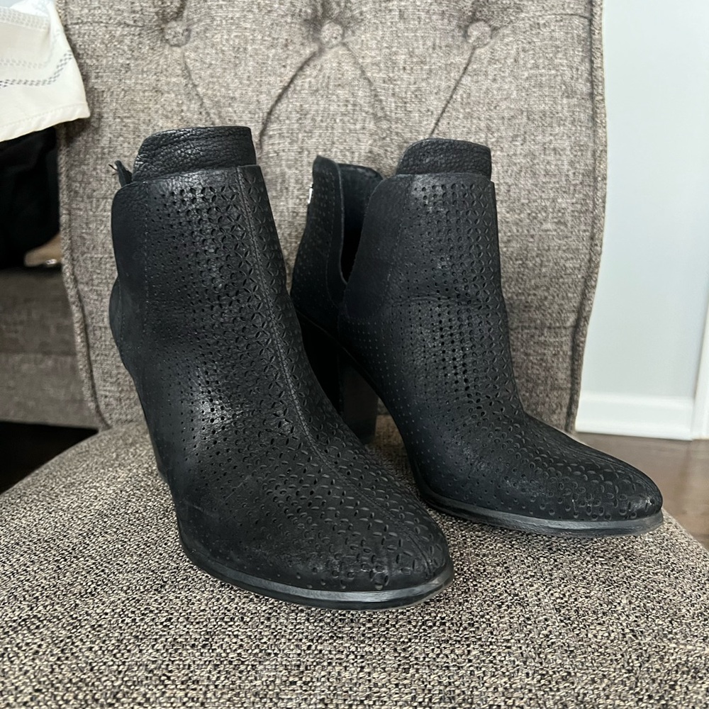 Vince Camuto Black Perforated Leather Ankle Boots, Back Zip